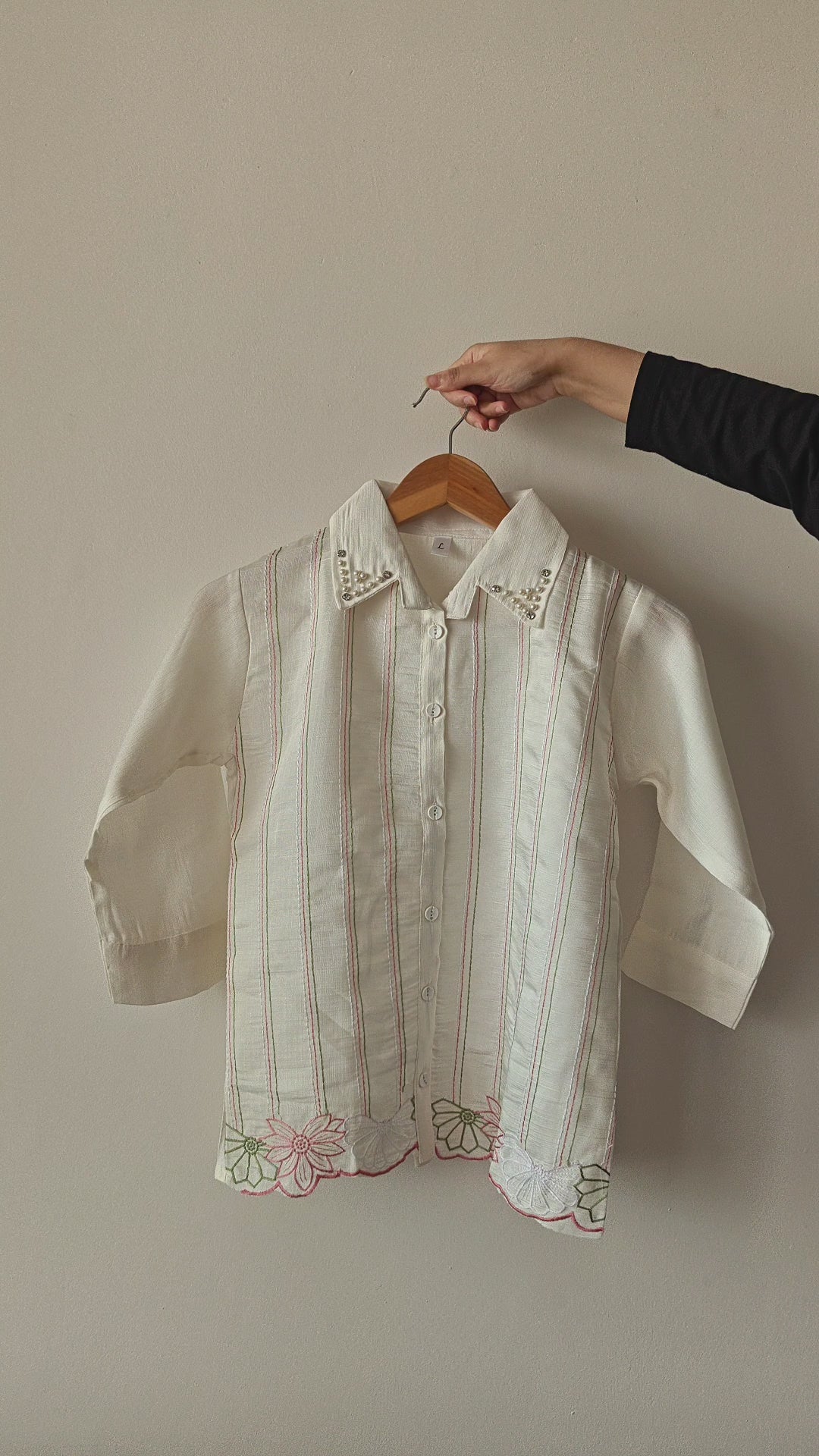 White Striped Green Floral Embroidered Shirt (Large/XL)