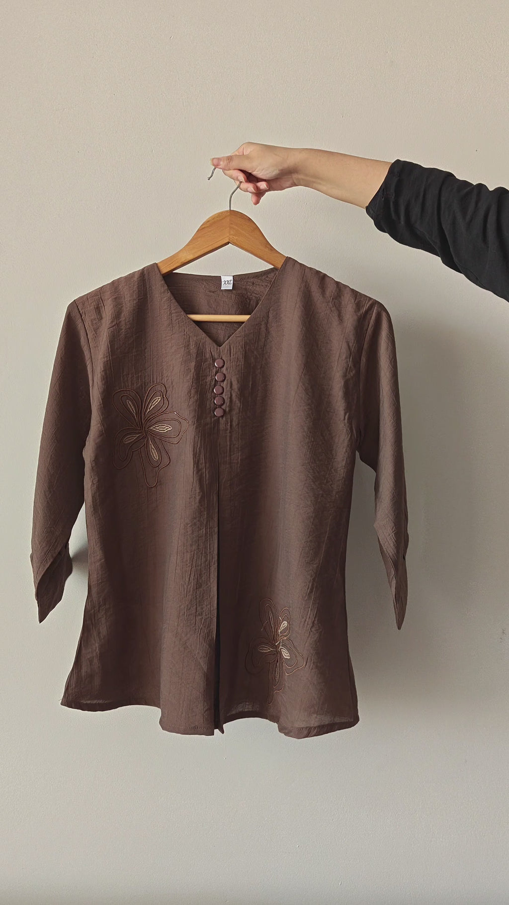 Mocha Brown Floral Embroidery V-neck Top (XXL)