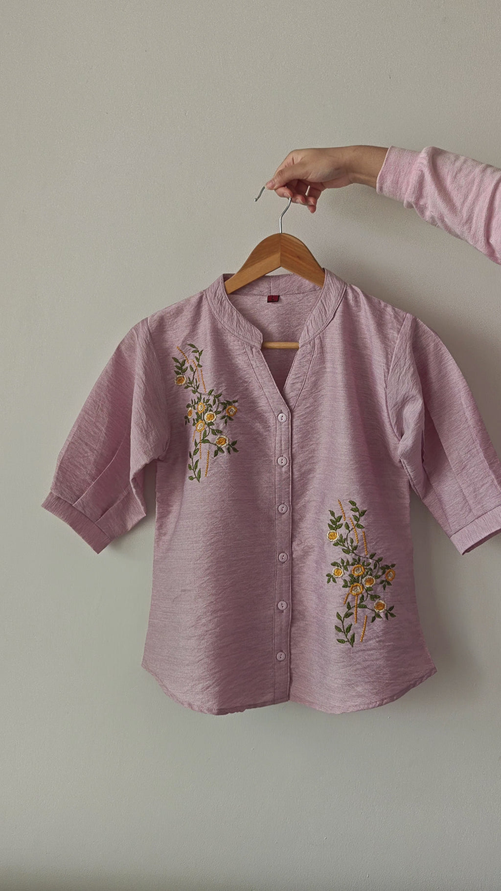 Salmon Pink Floral Embroidered Shirt (Large/XL)