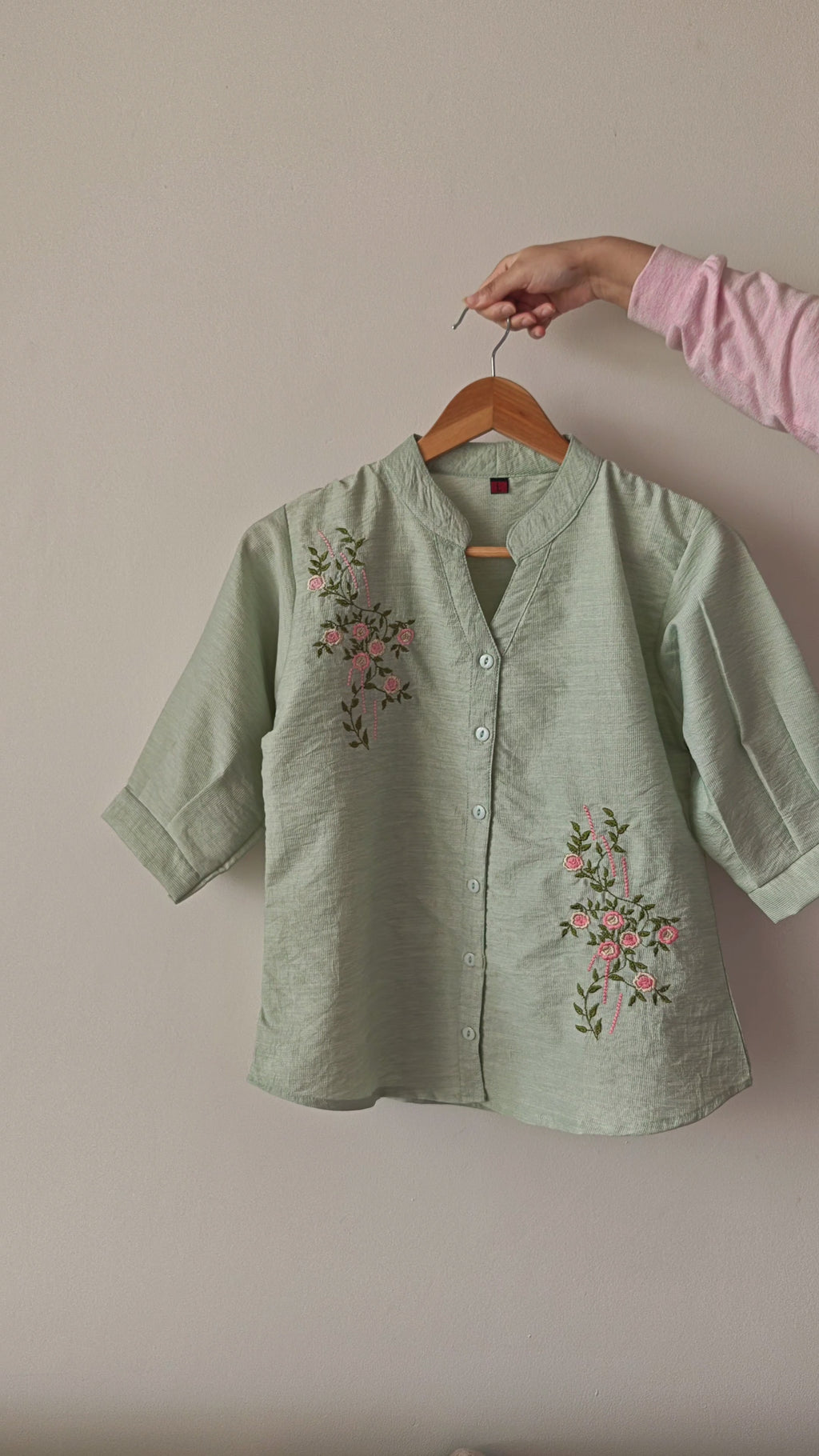 Mint Green Floral Embroidered Shirt (Large/XL)