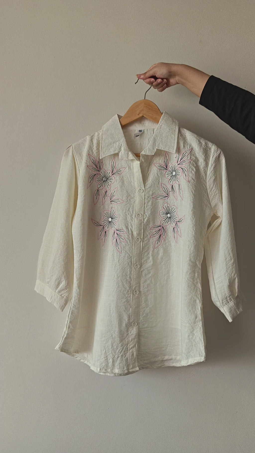 Women's White Shirt with Pink Floral Embroidery (XXL)