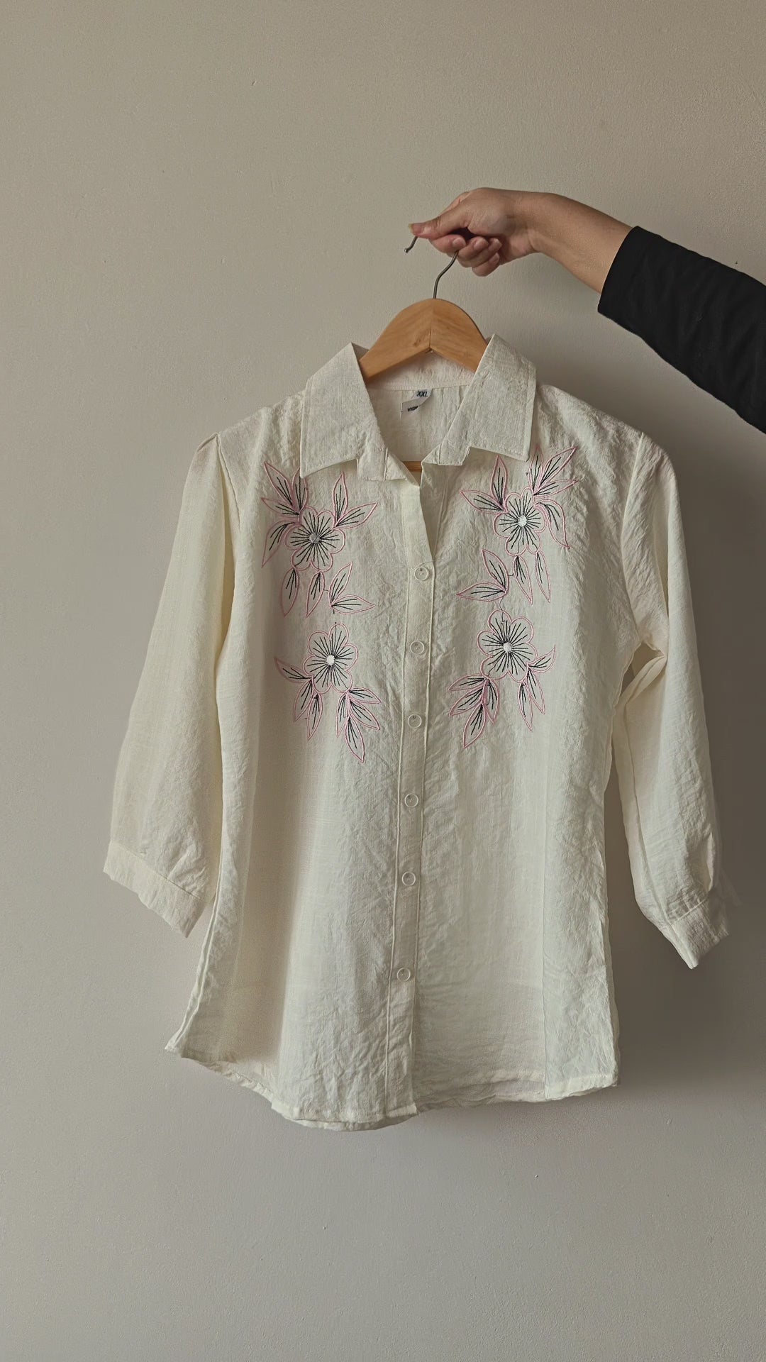 Women's White Shirt with Pink Floral Embroidery (XXL)