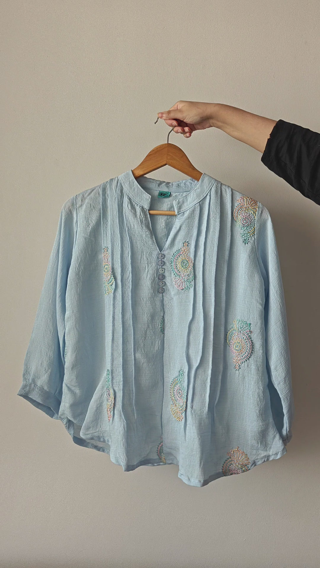 Sky Blue Mandarin collar Top with Front Pleats (XXL)