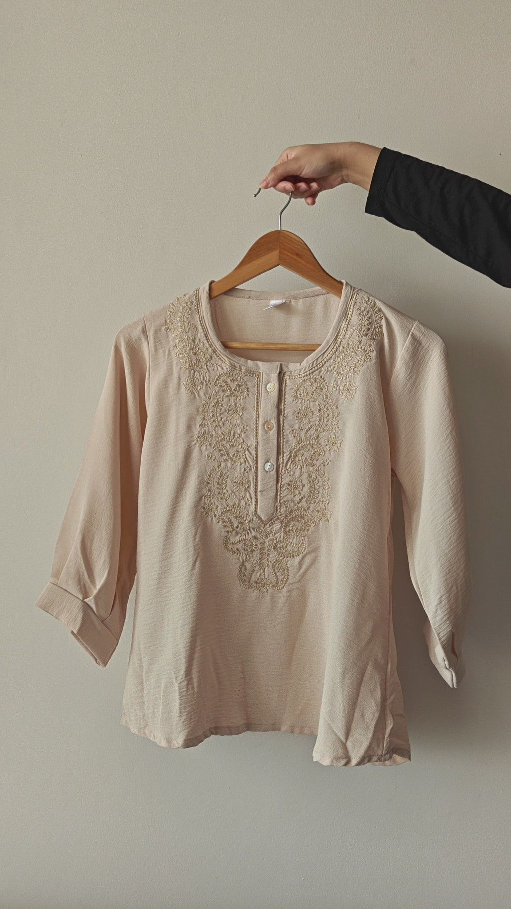 Beige Georgette Round Neck Embroidered Top (Large/XL)