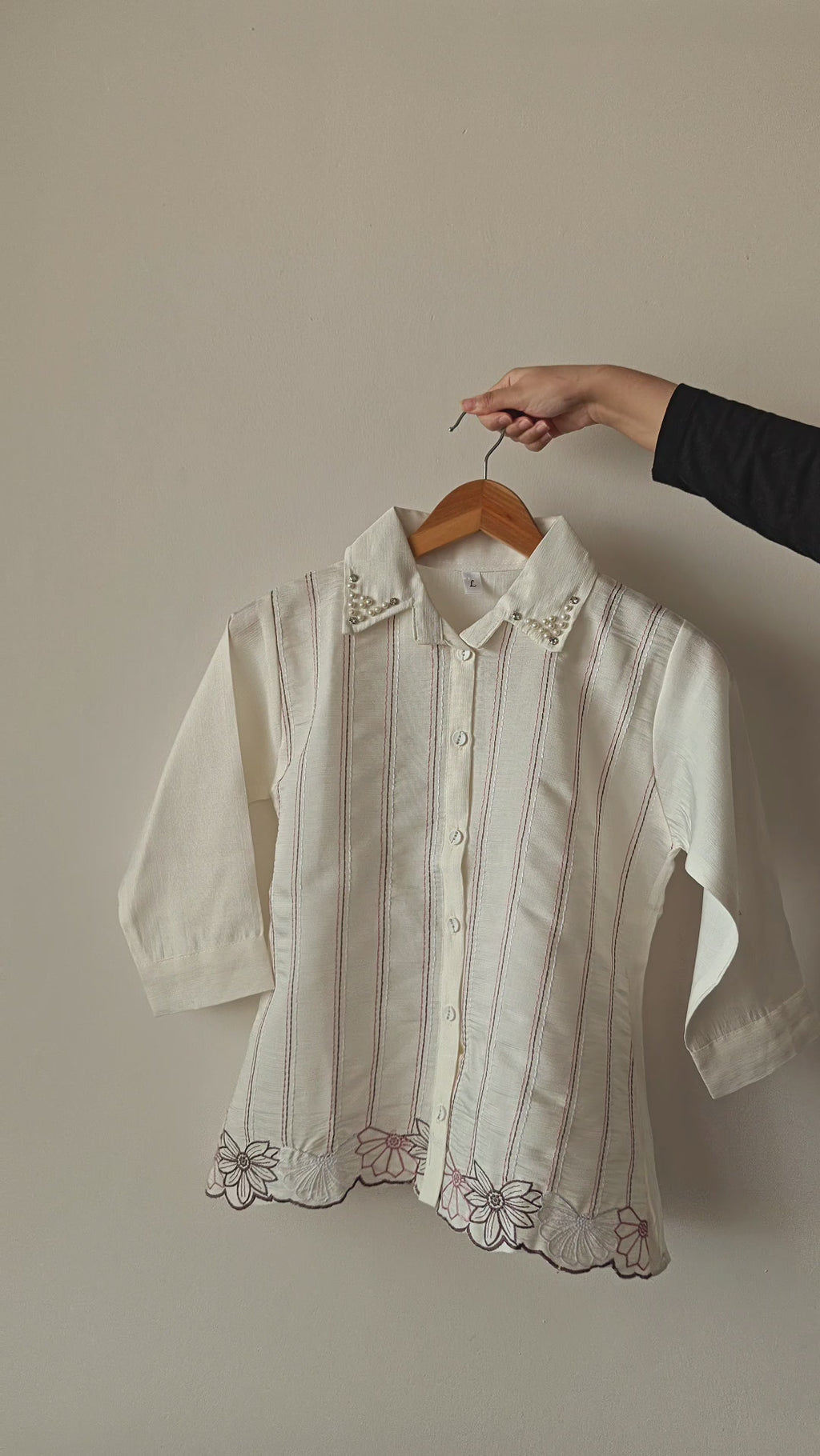 White Striped Pink Floral Embroidered Shirt (Large/XL)