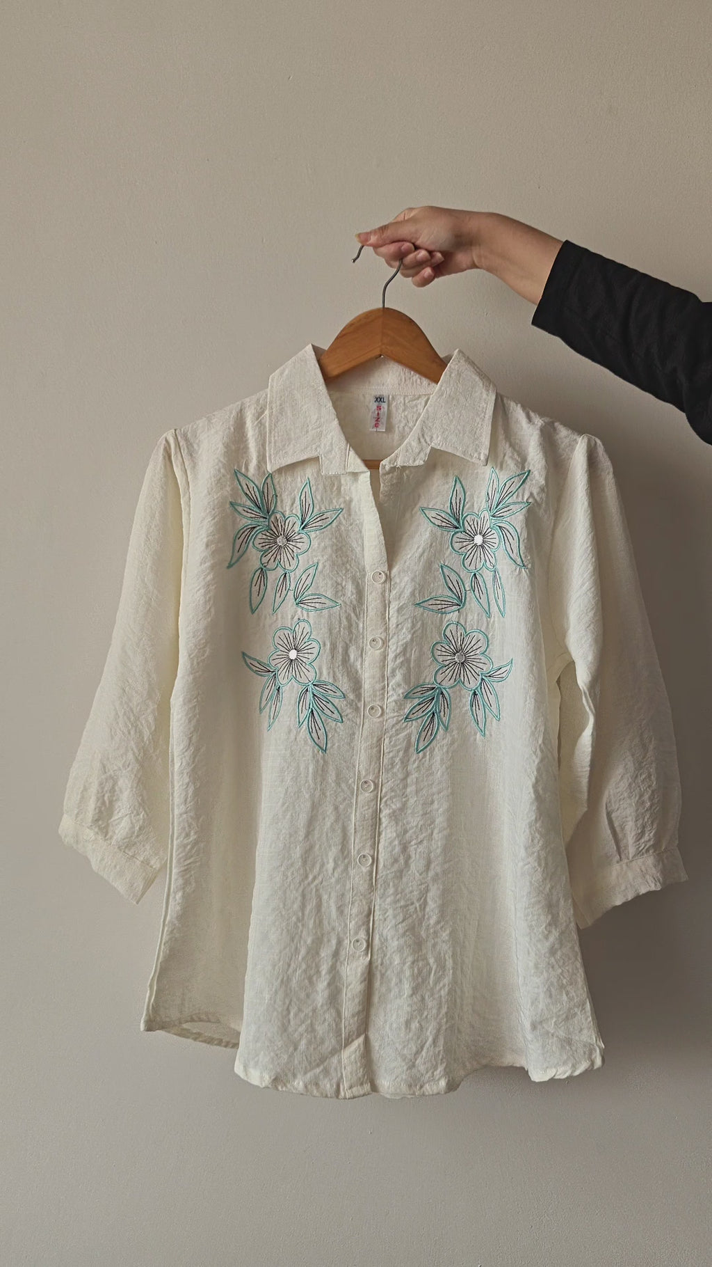 White Women's Shirt with Blue Floral Embroidery (XXL)