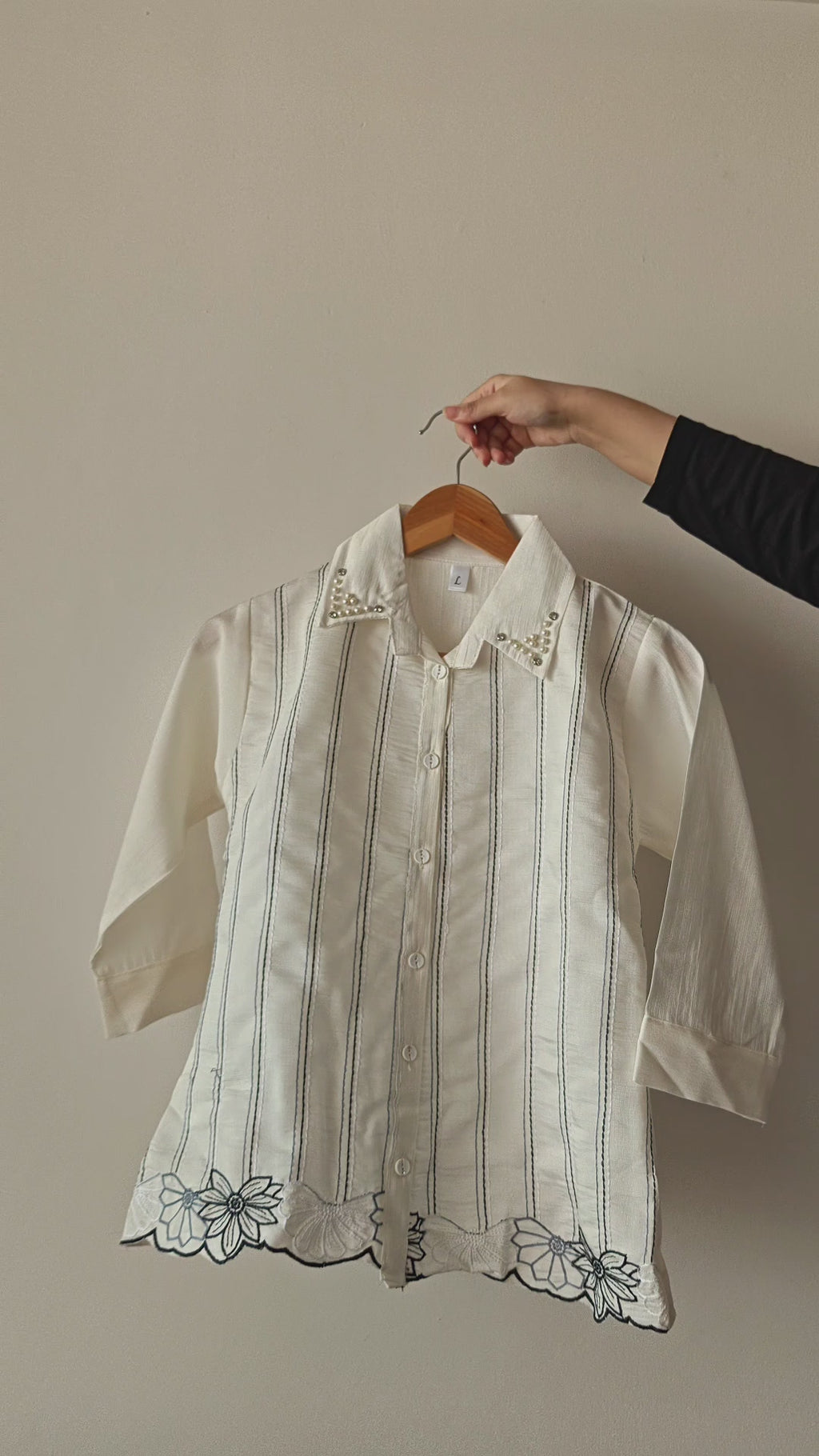 White Striped Blue Floral Embroidered Shirt (Large/XL)