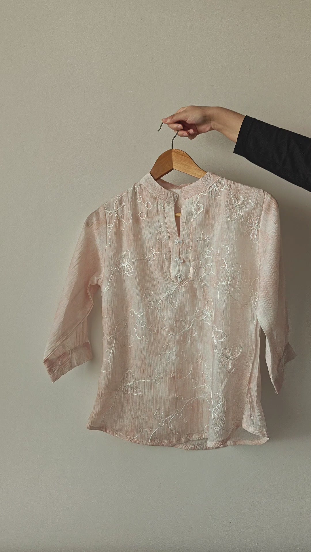 Baby Pink Mandarin Collar White Embroidery Women's Top (Large/XL)