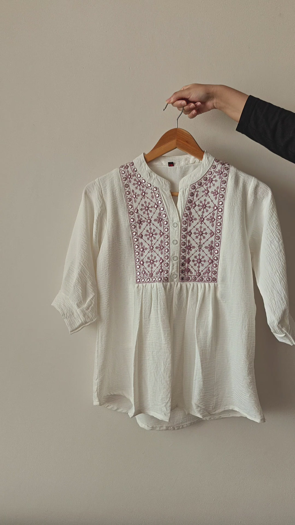 White Front Pleated Embroidered Top (Large/XL)