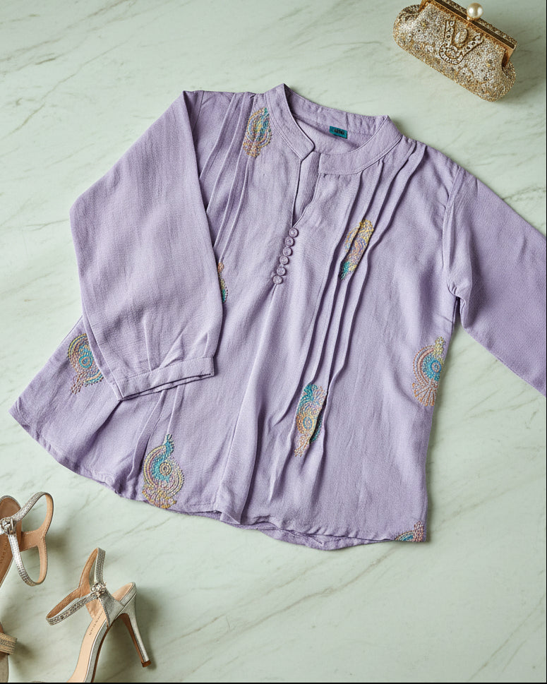 Purple long-sleeve women's blouse with colorful designs 