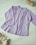 Purple long-sleeve women's blouse with colorful designs 