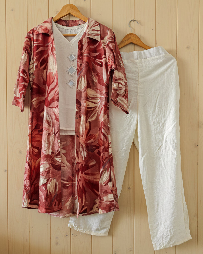 Red floral jacket, white shirt, and white pants women's three piece set