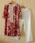 Red floral jacket, white shirt, and white pants women's three piece set