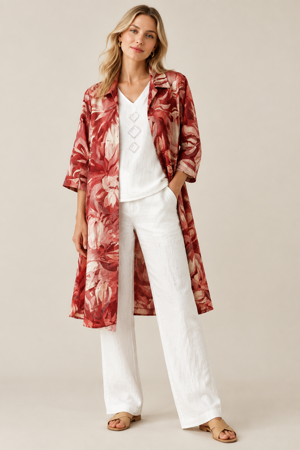 Pink & White Three Piece Set Vacation Wear (L/XL)