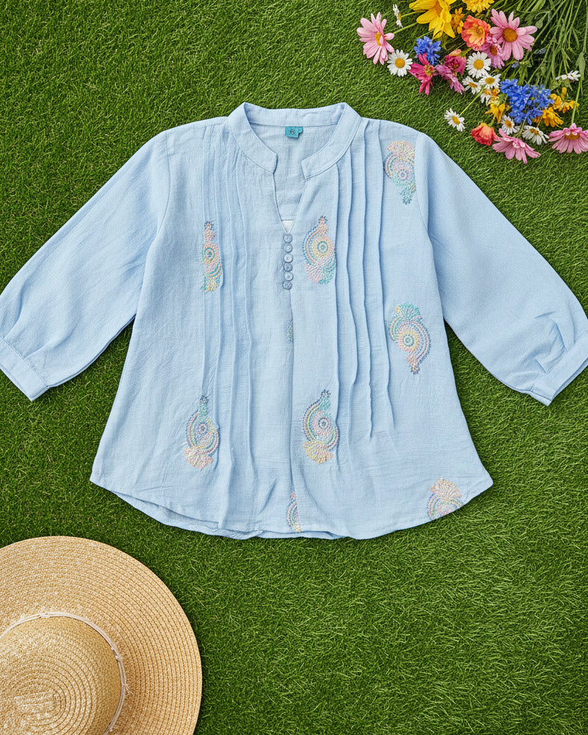 Sky blue multicolor embroidered pleated blouse XXL