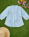 Sky blue multicolor embroidered pleated blouse XXL