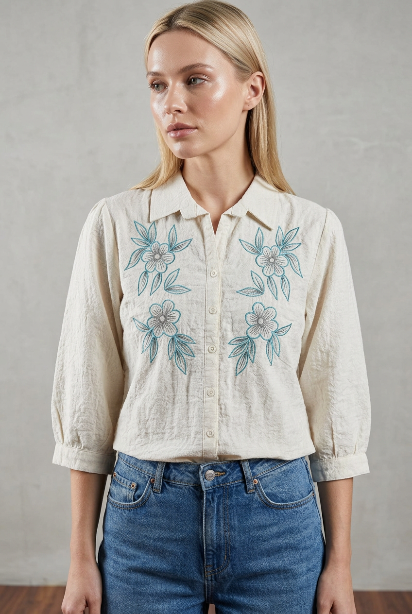White Women's Shirt with Blue Floral Embroidery (XXL)