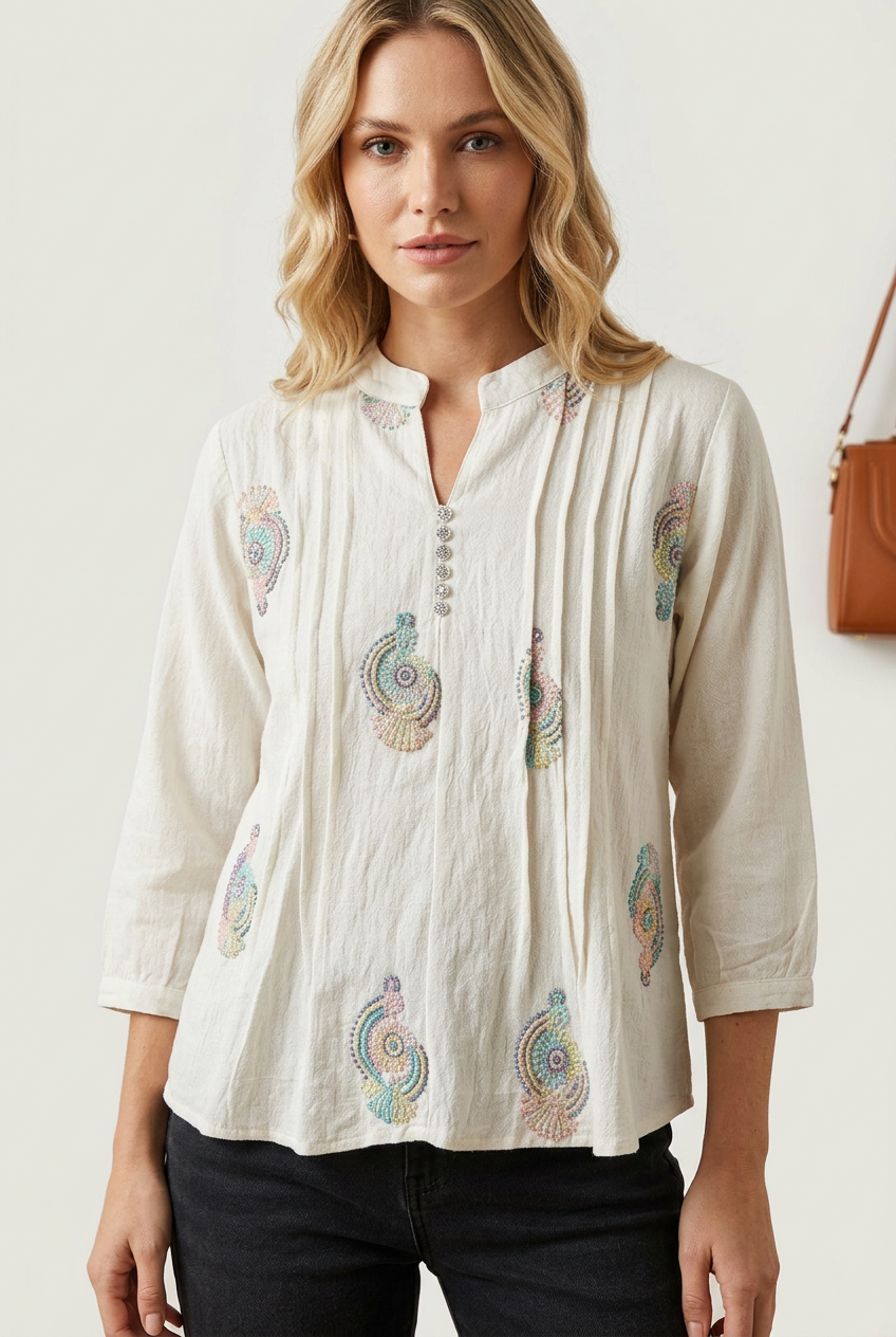 White Mandarin collar Top with Front Pleats (XXL)