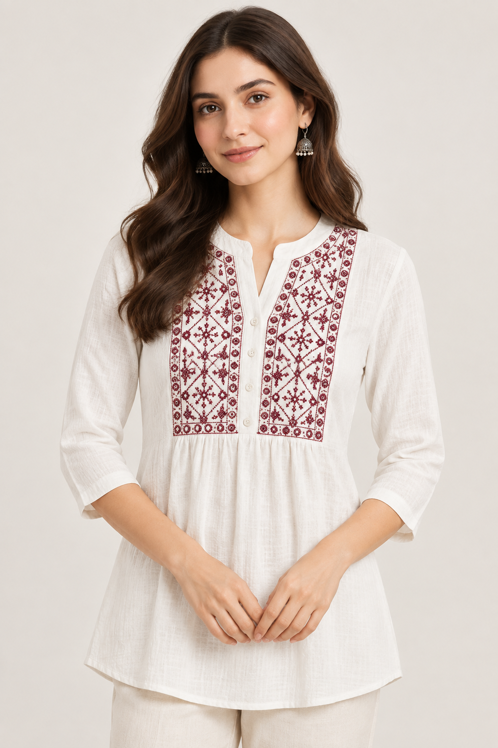 White Front Pleated Embroidered Top (Large/XL)