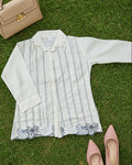 white striped women's shirt with floral detailing