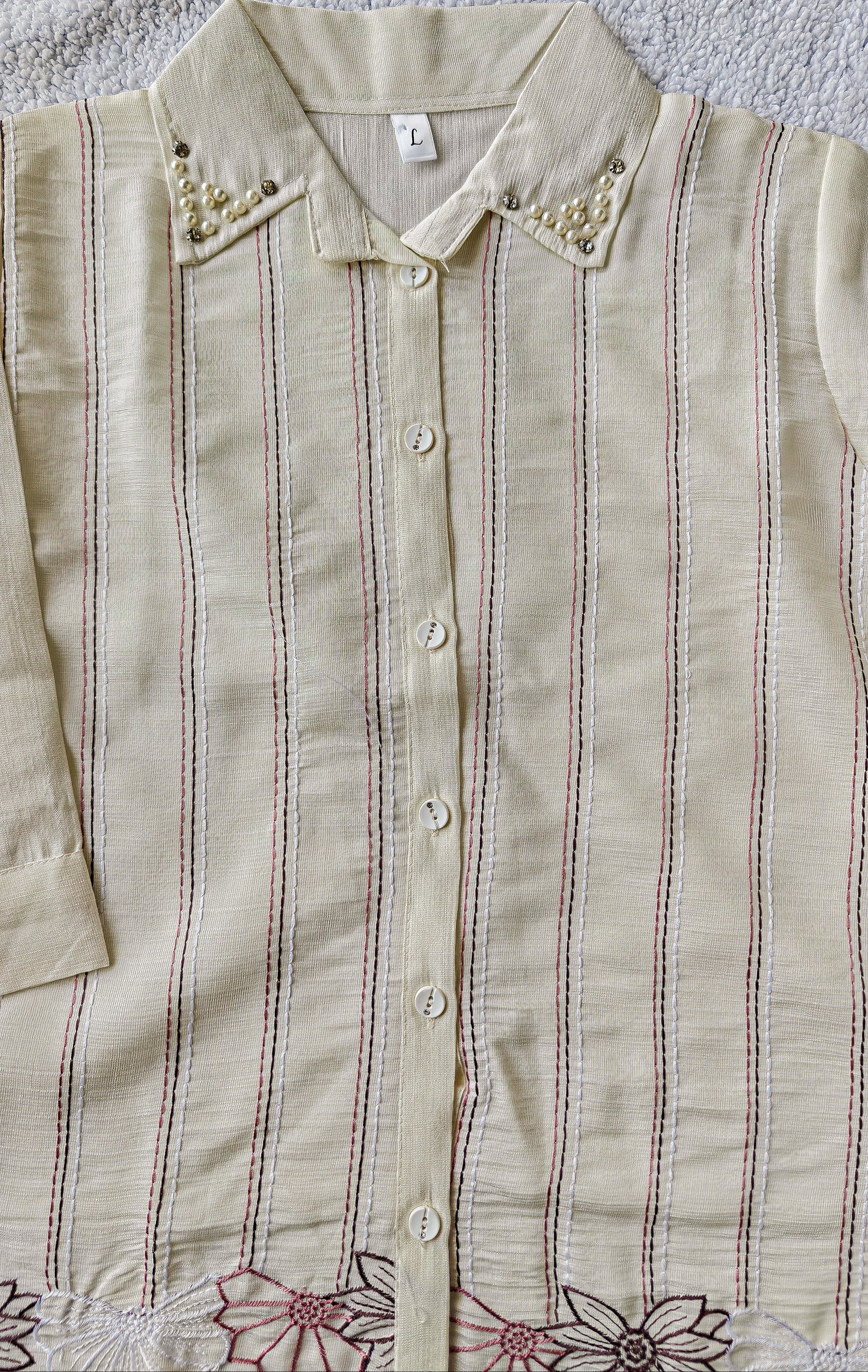 white striped shirt with floral embroidery