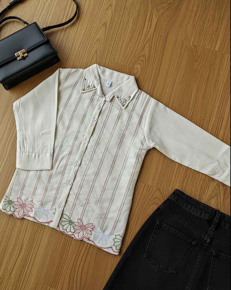 white striped shirt with pink white green floral patterns